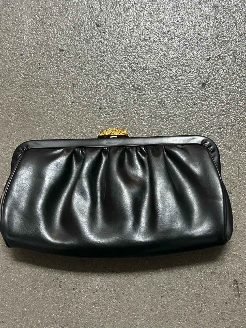 Vintage Convertible Black Leather Ruched Frame Clutch with Textured Gold Clasp